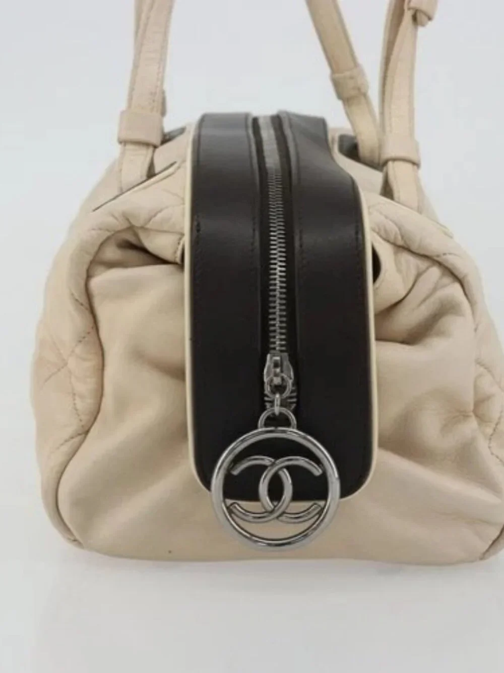 CHANEL Matelasse Boston Bag Lamb Skin Ivory Silver CC Auth YKZ1338A